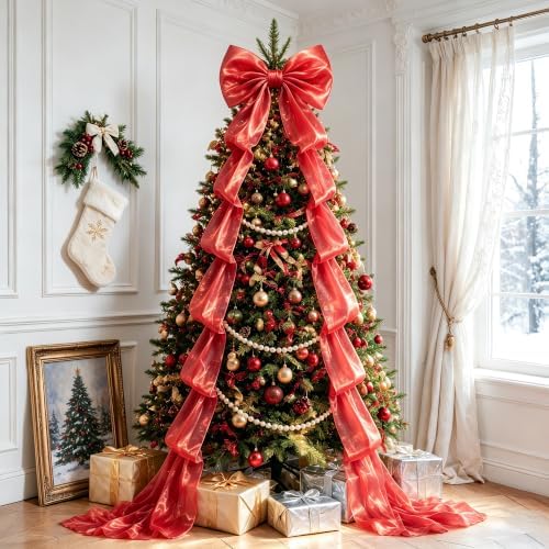 Big Satin Bow Coquette Room Decor, 16x79 Inch Large Christmas Bows for Birthday Decorations, Christmas Tree Topper, Girl Room Decor, Bachelorette, Wedding, Baby Shower, Front Door, Wreath (Red) by AERORIBOWEnjoyEveryDay
