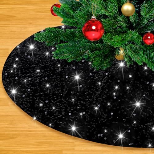 Halloween Tree Skirt 48 Inch Black Sequin Xmas Tree Skirt Soft Velvet Fabric Large Glitter Tree Skirts for 6ft Christmas Tree Decor by LJIE-House