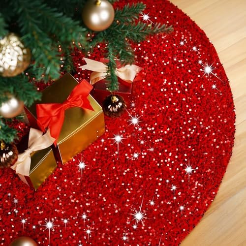 Christmas Tree Skirt 48 Inch, Red Sequin Christmas Trees Skirt, Large Sparkle Xmas Tree Stand Base Used for Christmas Holiday Indoor Home Decoration by MerryChristmas