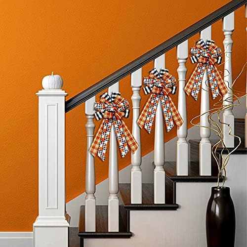 Large Fall Bows for Wreath, Thanksgiving Pumpkins Wreath Bow Orange Buffalo Plaid Burlap Bows Autumn Tree Topper Bow for Front Door Thanksgiving Party Decoration Supplies - Image 5