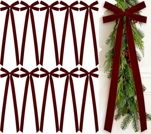 10 Pcs Burgundy Velvet Bows 22"x8" Pre-Tied Christmas Ornaments by Glitinsel