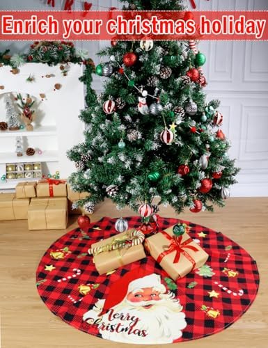 Multiwins 48 Inch Christmas Tree Skirt Red Santa Claus with Candy Cane Christmas Stockings, Black Red Buffalo Plaid Christmas Tree Skirt Ornaments for Merry Christmas Holiday Party Decorations Indoor - Image 2