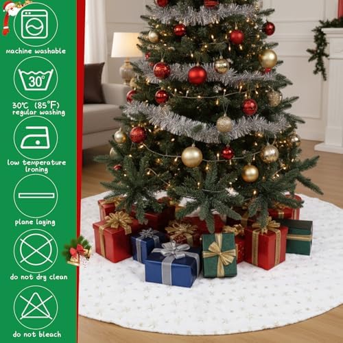Libima 100 Inches Large Christmas Tree Skirt Faux Fur Xmas Tree Skirt White Plush Velvet with Gold Sequins Snowflakes for Xmas Decorations Merry Christmas Party Winter Holiday Ornaments - Image 3