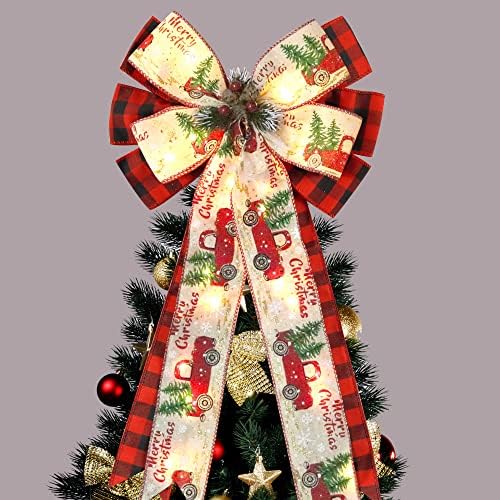 Christmas Tree Topper Bow with 30 LED Lights Decorations, 13?€?x25?€? Xmas Large Red Black Buffalo Plaid Rustic Farmhouse Wreath Bows with Truck Berries Pine Cones Pine Needles for Front Door Outdoor by brand