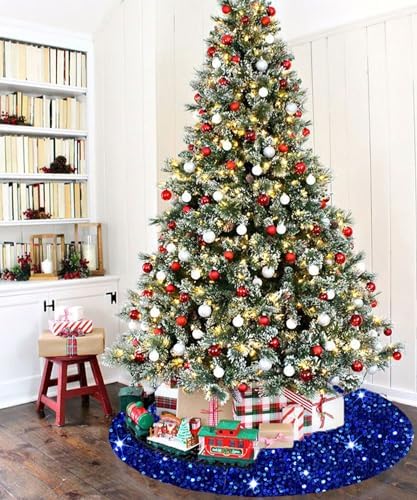 FANPROMS Blue Christmas Tree Skirt 21 Inches Sequin Xmas Tree Skirts Embroidered Velvet Tree Base Cover Shiny Glitter Tree Skirt Mat Royal Blue for Christmas Tree Decorations All Season Holiday Party - Image 5