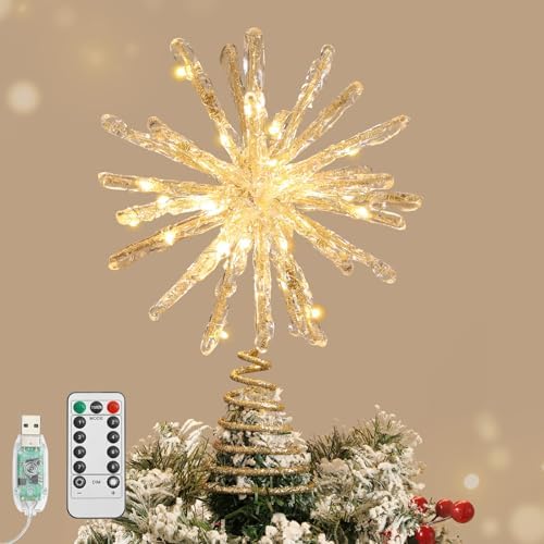 Lewondr Crystal Christmas Starburst Tree Topper with Lights, Gold by Lewondr