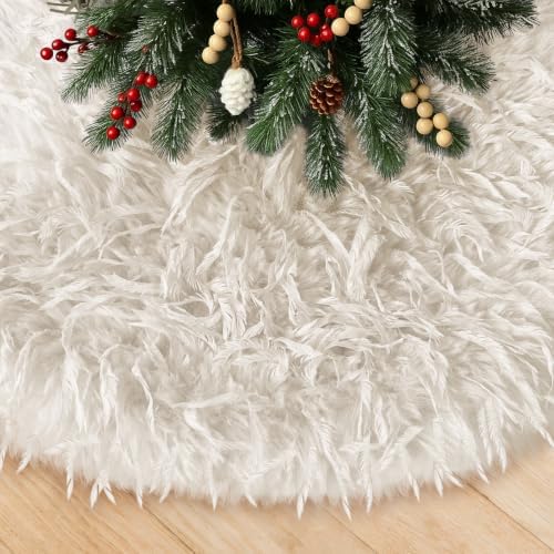 Mini White Faux Fur Christmas Tree Skirt 18 Inch with Long Feather Design, Luxurious Plush Xmas Tree Skirt for Holiday Decor, Winter Party, and Festive Home Decorations - 48cm - Image 2