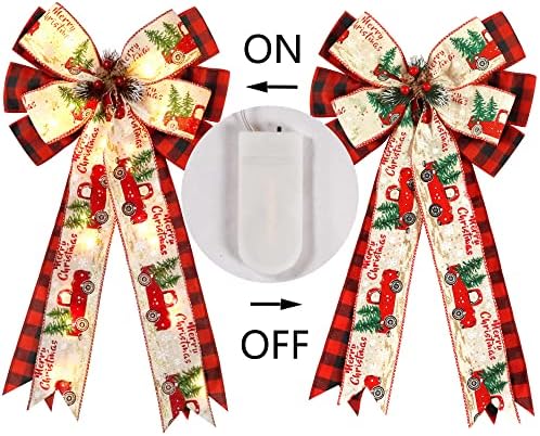 Christmas Tree Topper Bow with 30 LED Lights Decorations, 13?€?x25?€? Xmas Large Red Black Buffalo Plaid Rustic Farmhouse Wreath Bows with Truck Berries Pine Cones Pine Needles for Front Door Outdoor - Image 5