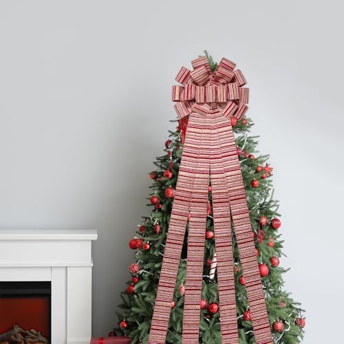WRAPAHOLIC Large Christmas Tree Topper Bow - 13 x 52 Inch Burlap Striped Christmas Tree Topper Ribbon Bow Wreath Bows with Wired Edge for Xmas Ornament Indoor Outdoor Decoration - Image 7