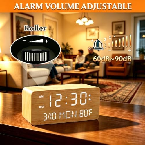 Andoolex Wooden Digital Alarm Clock with Wireless Charging, 0-100% Adjustable Brightness Dimmer and Alarm Volume, Weekday/Weekend Mode, Dual Alarm, Snooze, 12/24H, Wood LED Clock for Bedroom (Bamboo) - Image 6