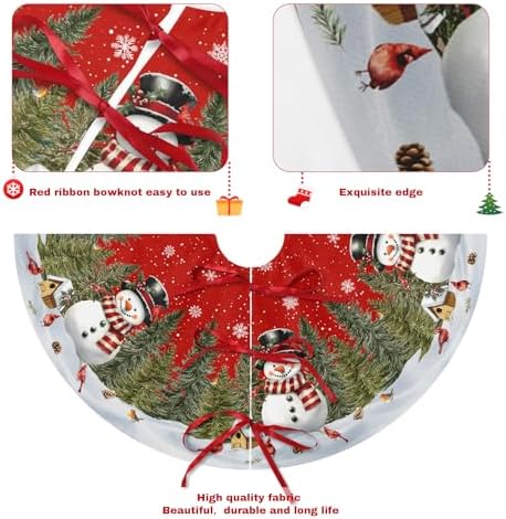 Red Snowman Christmas Tree Skirt 48 Inch Pine Tree Bird Cardinals Xmas Trees Skirts Mat for Winter Holiday Party Indoor Outdoor Decorations - Image 5