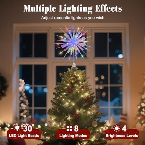 Lewondr Crystal Christmas Snowflake Tree Topper, Colorful Lights, White - Image 2