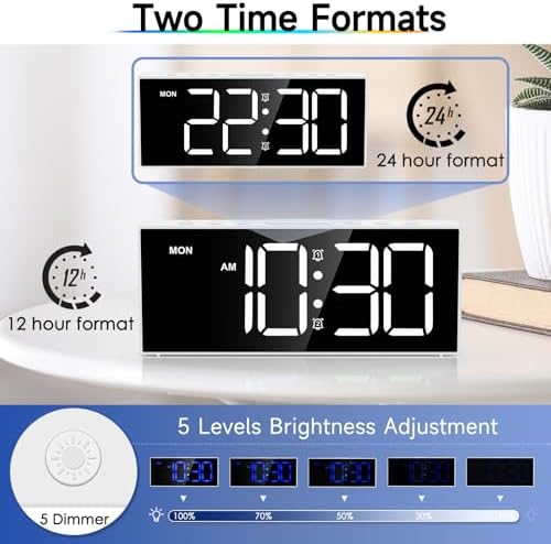 Alarm Clock with Large Display Big Numbers,5 Levels Brightness???Snooze,USB Charging Port,LED and Mirror Desk Clock,Dual Alarms Modern Electronic Clock for Bedroom Home Living Room Office. (White) - Image 5
