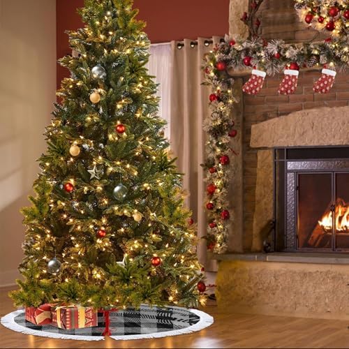 Christmas Tree Skirt 48" Inch Black and White Plaid Buffalo Xmas Tree Skirt Mat with White Tassel for Party Holiday, Tree Skirt Christmas Decorations - Image 3