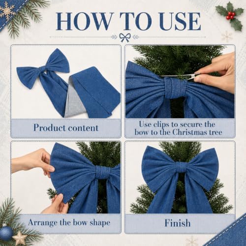 Soulchen 16 x 46 Inch Blue Denim Christmas Tree Topper Extra Large Christmas Bow Giant Coquette Bow Gift Decor for Xmas Tree Wreath Wall Birthday Wedding Holiday Party Decorations - Image 5