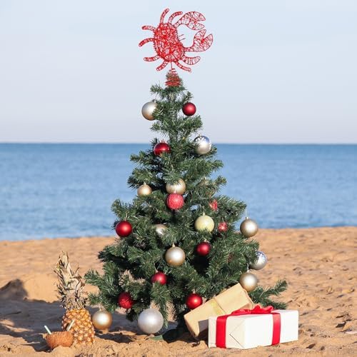 JellyArch Crab Christmas Trees Topper Coastal Christmas Tree Decoration 10in Glittered Red Crab Decoration Large Rattan Nautical Tree Topper for Xmas Home Beach Indoor Holiday Winter Gifts - Image 4