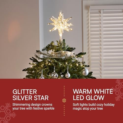 JOIEDOMI 7.8" Metal 3D Silver Glitter Star Christmas Tree Topper Decor, 56 LED Light with Plug Timer Ornaments Treetop Decorations Home Holiday Party Indoor - Image 2