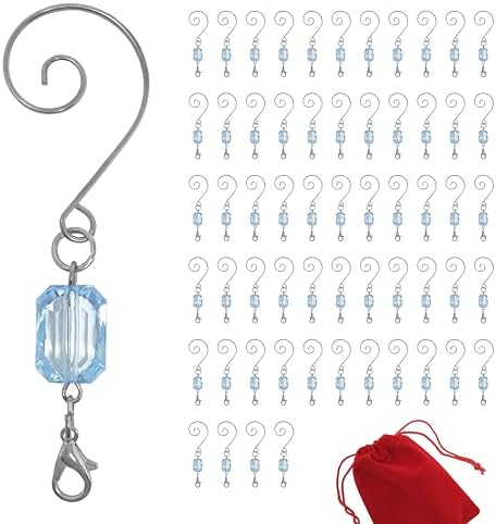 Christmas Ornament Hooks Light Blue Acrylic Jewel Silver Wire Hooks, Pack of 60 with Storage Bag, 3 Inch Decorative Ornament Hangers for Christmas Trees, Holiday Decorations, Keepsake Ornaments by BANBERRYDESIGNS