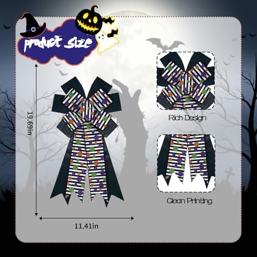 Large Halloween Tree Topper Bow, Black Stripe Glitter Dot Wreath Bow - Image 2