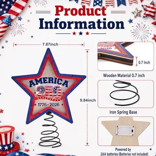 Lighted 4th of July Star Tree Topper, LED USA 250th Anniversary Wooden Patriotic Star Treetop Decoration, Battery Operated American Flag Star for Christmas Tree Independence Day Party Decor - Image 2