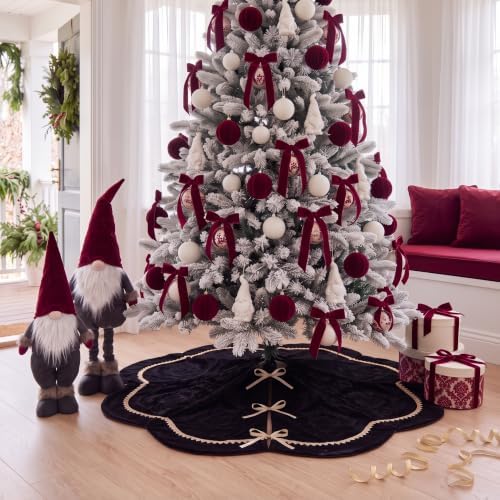 Arrowbash 48 Inch Black Christmas Tree Skirt Velvet Fur Scallop Tree Skirt Sparking Gold Lace Trim for Party Rustic Xmas Holiday Decorations All Year - Image 2