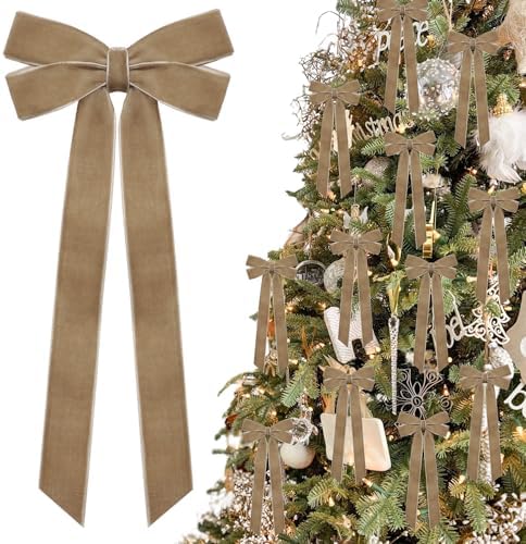 12Pcs Neutral Velvet Ribbon Bows Christmas Tree Decorations,5in x 10in Vintage Xmas Ornaments for Tree Home Party Front Door Wreath Garland Holiday Decor by brand