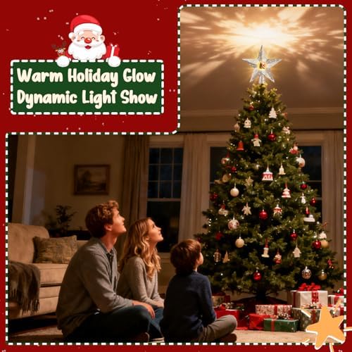 Silver Rotating Christmas Tree Topper Star with Santa Scene, 4 Warm Yellow LED Lights, Spinning Motion, Glitter Silver Finish, Tree Decoration with 9.8FT Power Cord for Holiday Home Decor - Image 5