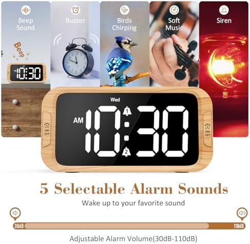 Odokee Digital Dual Alarm Clock for Bedroom with 0-100% Dimmable Display | Easy Alarm Clock with Weekday/Weekend Mode - Loud Alarm for Heavy Sleepers with 5 Sounds Adjustable Volume - Wood Grain - Image 4