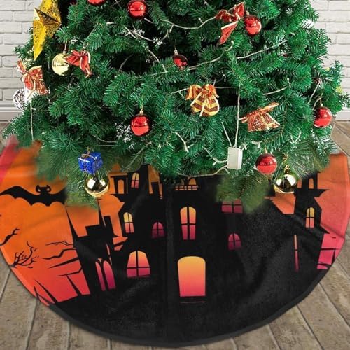 Christmas Tree Skirt, Happy Halloween Witch Castle Moon Xmas Large Tree Mat, New Year Festive Holiday Party Decorations 30" inches - Image 4
