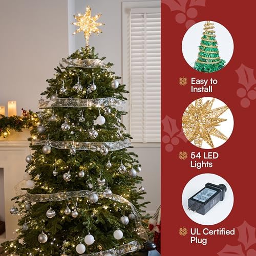 JOIEDOMI 7.8" Metal 3D Star Christmas Tree Topper Golden Glitter Decorations with 56 LED Warm White with Plug Timer Ornaments Treetop Home Holiday Party Indoor Decor - Image 4