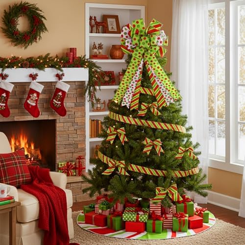 Zomiboo 31.5 Inch Christmas Tree Skirt Topper Bow Ribbon Set, Polka Dots - Image 4