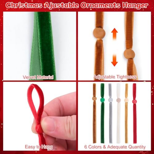 Hysagtek 120 Pcs Christmas Velvet Ornament Strings - Adjustable Ornament Hooks Non Slip Hangers Hooks for Christmas Tree Decorations(Red, Green, Brown, Khaki, Grey, Beige) - Image 4