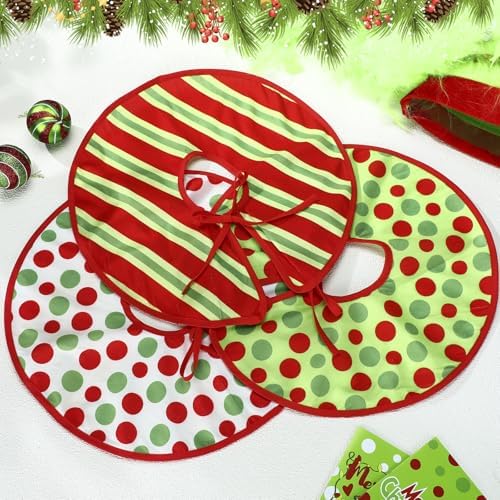 Civaner 3 Pack 15 Inches Red and Green Mini Christmas Tree Skirts Velvet Stripes Trimmed Tree Skirt with Red Green White Polka Dots Design for Christmas Holiday Party Indoor Outdoor Home Decoration - Image 6