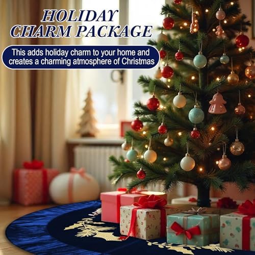 48 Inches Velvet Christmas Tree Skirt Decorations Dark Blue Luxury Xmas Fur Plush Skirts with Gold Embroidered Holly for Merry Christmas Party Rustic Vintage Holiday Home Winter - Image 4