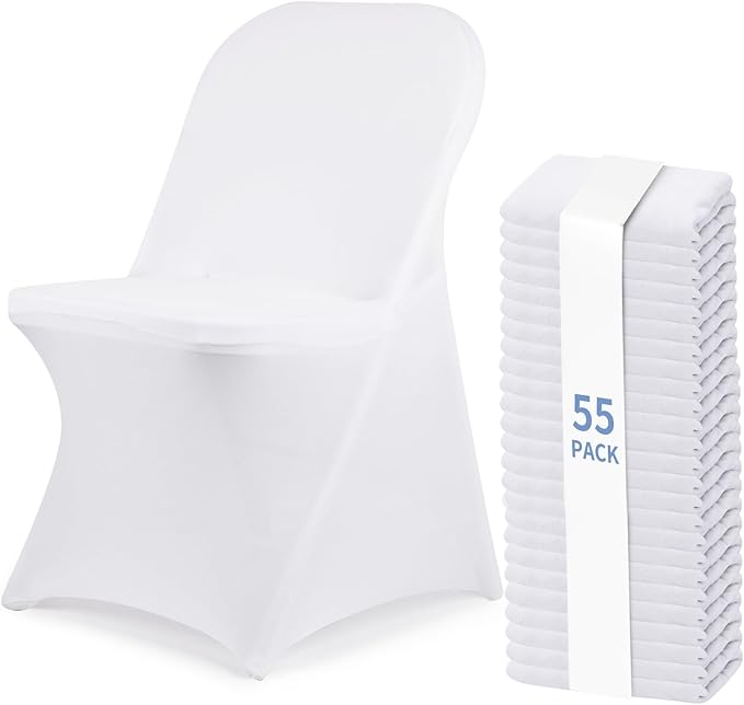 Fixwal 55 Pcs White Folding Chair Cover, Spandex Stretch Covers Ideal for Wedding, Party, Dining, Business Meeting, Banquet, Universal Fitted Washable Slipcover