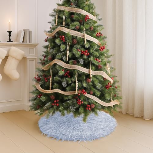 Light Blue Faux Fur Christmas Tree Skirt Mini 24 Inch with Long Feather Design, Luxurious Small Plush Xmas Tree Skirt for Holiday Decor, Winter Party, and Festive Home Decorations - 63cm - Image 5