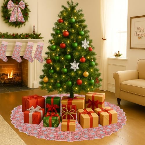 Ridhi Dark Salmon Hand Block Print Cotton Christmas Tree Skirt 60 Inch - Image 6
