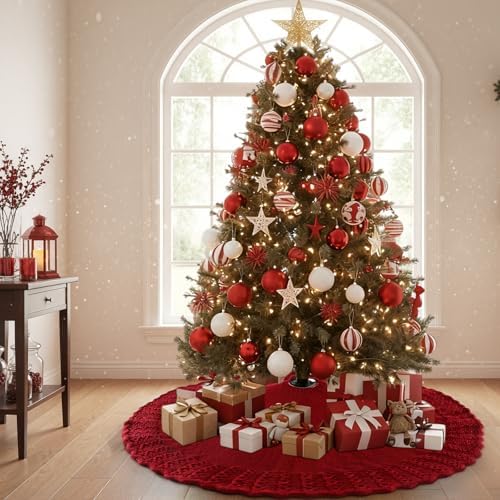 Christmas Tree Skirt 36 Inch Knitted Xmas Tree Skirt Cable Knit Tree Skirt Christmas Tree Decorations for Farmhouse Xmas Holiday Home Party(Red, 36in) - Image 5