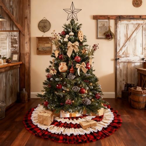 yuboo Burlap Buffalo Plaid Christmas Tree Skirt 48 inches, Red Farmhouse 6-Layer Ruffle Tree Skit with Lace Border for 5-7 FT Trees, Fall Thanksgiving Christmas Decorations - Image 4