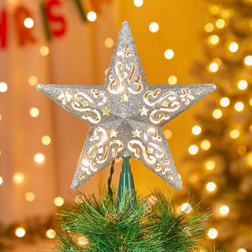 8" Silver Glittered Hollow Christmas Star Tree Topper with Built-in 10-Bulb String Lights and 2 Fuses for Holiday Decor, Green Base by Brightown
