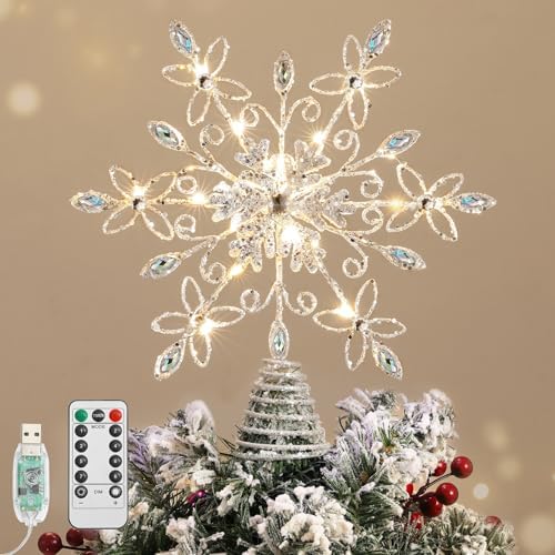Lewondr Christmas Snowflake Tree Topper with Lights and Gem, White by Lewondr