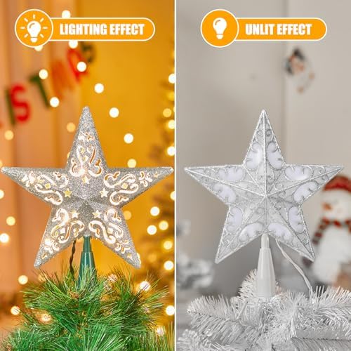8" Silver Glittered Hollow Christmas Star Tree Topper with Built-in 10-Bulb String Lights and 2 Fuses for Holiday Decor, Green Base - Image 2