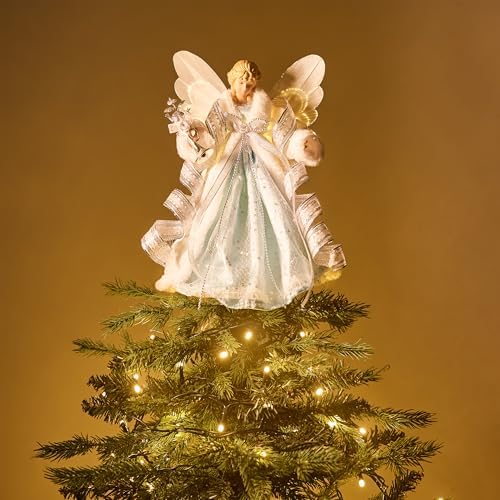 Valery Madelyn Lighted Christmas Tree Topper Angel with Timer, 12 Inch Blue and Silver Fabric Small Angel Tree Topper with Lights for Christmas Tree Decoration Indoor, Battery Operated - Image 2