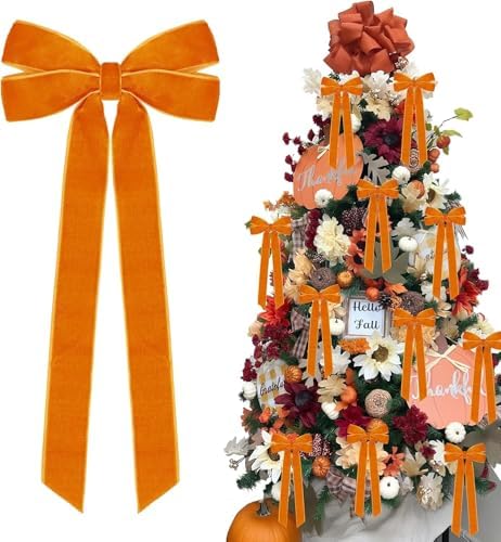 Hongsome 12Pcs Fall Velvet Ribbon Bows Tree Decorations 5in x 10in Orange by brand