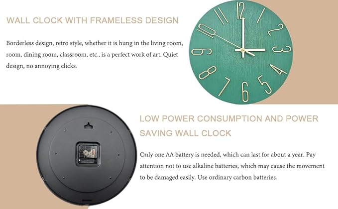 Wall Clock, Silent Clock, Wall Clocks Battery Operated??? 12 inch Modern Wall Clock, Suitable for Offices, Living Rooms, Kitchens, Homes, Schools (Grass Green Without Second Hand)