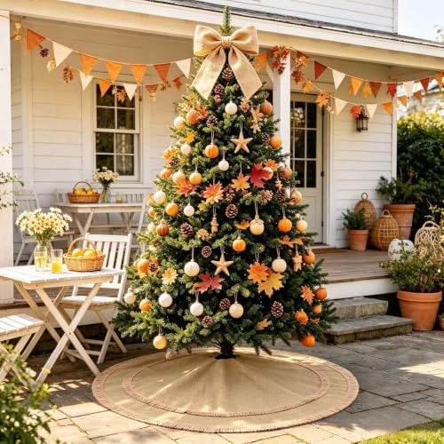 Yuboo 48" Burlap Christmas Tree Skirt with 2-Layer Tassel Design, Brown Rustic Farmhouse Jute Linen Large Fall Tree Skirt for Wedding, Birthday, Christmas Decor by yuboohomedecorations