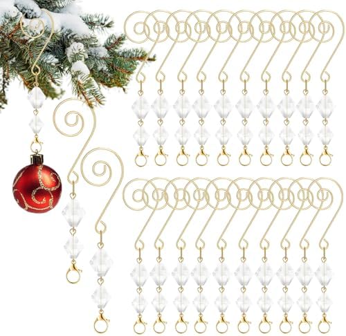 20 Pcs Christmas Ornament Hangers Tree Ornament Hooks Gold Decorative Clear Acrylic Wire S Hook with Lobster Claws Hanging Metal Wire Crystal Jeweled Swirl for Xmas Tree Home Decoration by Furimuk