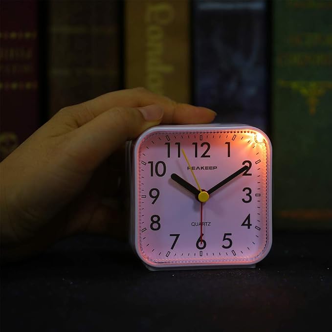Peakeep Small Battery Operated Analog Travel Alarm Clock Silent | No Ticking, Lighted on Demand and Snooze, Beep Sounds, Gentle Wake, Ascending Alarm, Easy Set (White) - Image 5