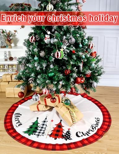 Multiwins Christmas Tree Skirt 48 Inch Red Rustic Xmas Tree Skirt with Snowflake, Black Red Buffalo Plaid Christmas Tree Skirt Ornaments for Merry Christmas Holiday Party Decorations Indoor Outdoor - Image 2
