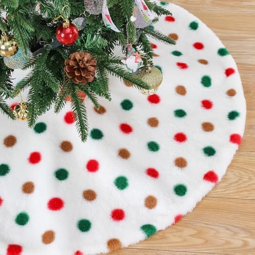Christmas Tree Skirt 36 Inches White Mat Red and Green Brown Polka Dot Style Tree Skirt for Holiday Party Christmas Decoration by MokoHouse
